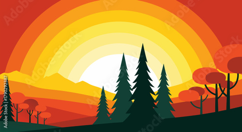 Vibrant Sunset over Mountains and Forests A Serene Nature Illustration