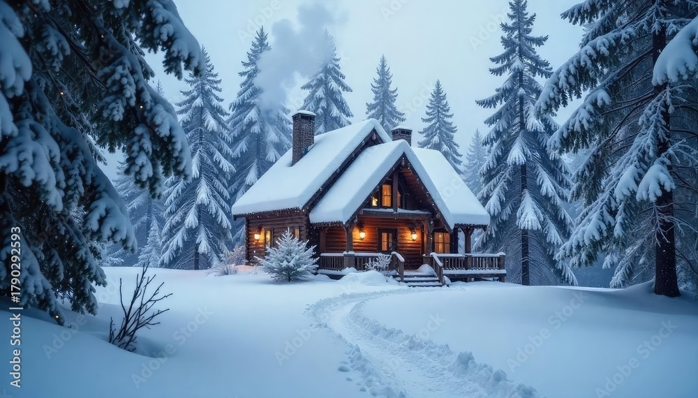 Naklejka premium A cozy cabin nestled deep within a snowy forest, completely obscured by a thick blanket of freshly fallen snow, only the chimney emitting a wisp of smoke , secluded cabin, snowdrift, refuge