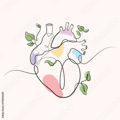 Human heart with growing leaves one line drawing. Human heart with growing leaves single line illustration. Human heart with growing leaves minimalist line art