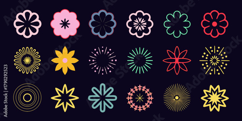 Collection of diverse abstract floral and starburst shapes in various colors on dark background