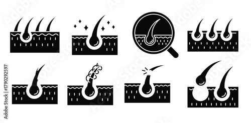  hair loss black glyph icons set on white space damaged