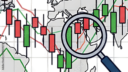 Magnifying glass examines stock market candlestick chart over world map, symbolizing global finance analysis.