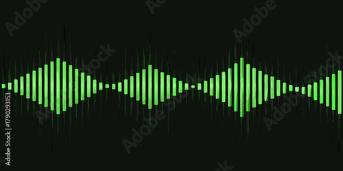 Vibrant green sound wave equalizer bars pulsating on a dark background with digital energy