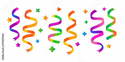 Colorful swirling streamers and star confetti for celebrations and parties