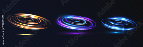 Glowing tornado vortex light rings set in gold, purple, and blue colors, swirling energy circles with sparkles and shine, futuristic abstract design on dark background.

