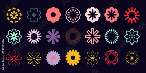 Collection of diverse abstract geometric flower shapes and floral icons in various colors on a dark background