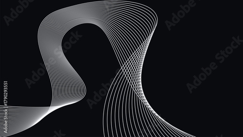 Flowing curved line wave abstract art with geometric balance on black background Modern motion and symmetry concept