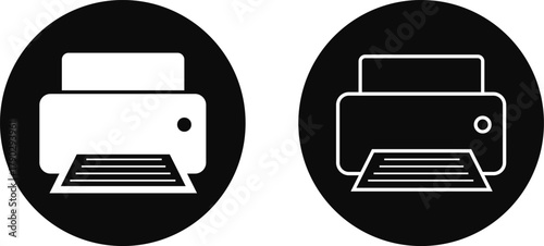 Printer icon set, print device vector collection, modern flat and line outline printer symbols for office, technology, documents, and paper printing, black and white circle button icons pack