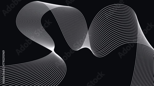 Abstract twisted wave lines flowing across black background creating futuristic fluid geometry and elegant minimalist motion design
