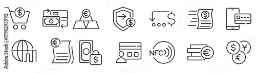 Payments line icon set. money, receipt, invoice, document, atm, cash, coins, credit card, wallet, savings, finance, growth, investments line icon set. 
