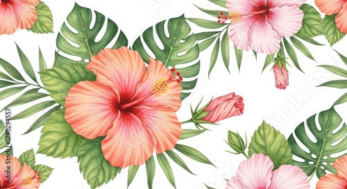 Wallpaper Mural Vibrant watercolor painting of tropical hibiscus flowers and monstera leaves on a white background Torontodigital.ca