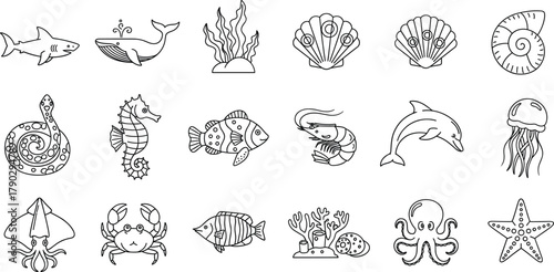Mega Set of Hand Drawn Marine Animal and Ocean Life Doodle Outline Icons Vector Illustration