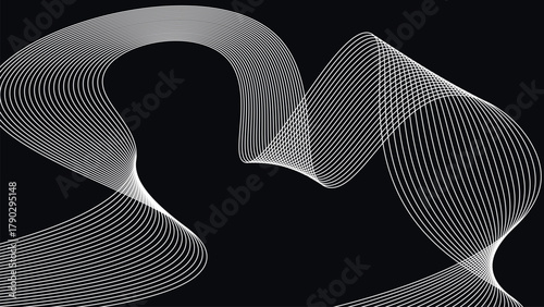 Elegant flowing curved wave lines forming dynamic motion geometry with depth illusion on black background Minimalist modern art