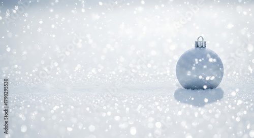 Festive Blue Christmas Ornament on Snowy White Background with Bokeh.