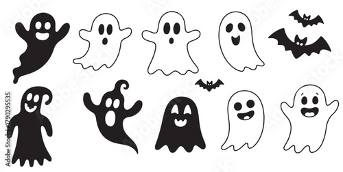 collection of cute black and white halloween ghost and bat