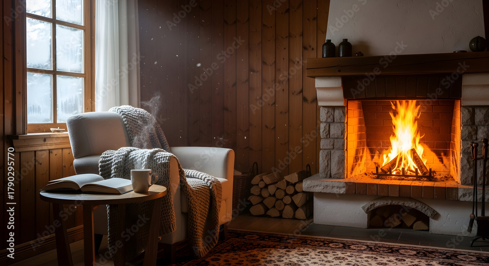 Fototapeta premium A cozy winter interior with a warm, crackling fireplace, a comfortable armchair, and a view of snow falling outside.