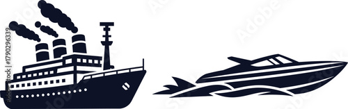 Dark blue silhouettes of a steamship and a speedboat on white background Keywords: steamship, ocean liner, boat, ship, speedboat