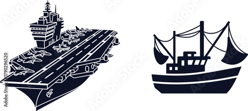 Dark blue silhouettes of an aircraft carrier and a fishing boat on white background Keywords: aircraft carrier, warship, navy