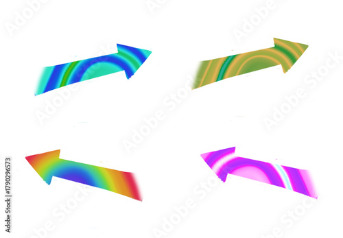 Bright gradient arrows with soft neon on a transparent background. Multicolored elements with an airbrush effect, suitable for social media, presentations, web banners, infographics, gamification