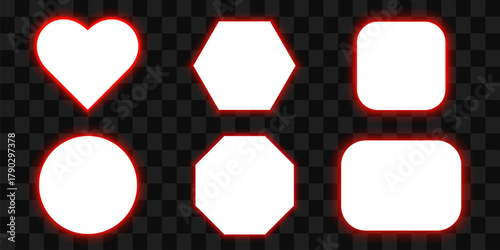 A set of frames of different shapes with red led backlight. 3d vector illustration isolated on transparent background.