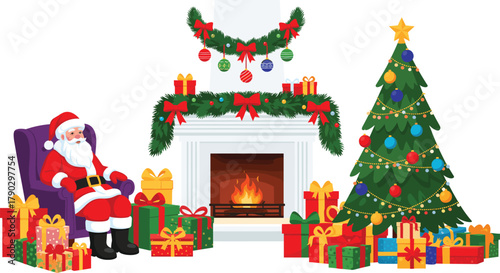 Cartoon Santa Claus and Christmas Tree by a Decorated Fireplace Vector Illustration