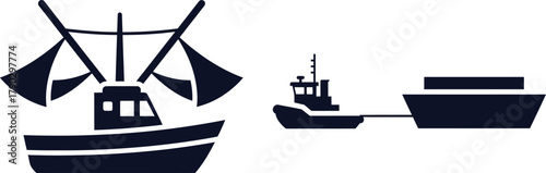 Fishing Trawler and Tugboat Towing Barge on White Background Keywords: fishing trawler, fishing boat, tugboat, barge, towing