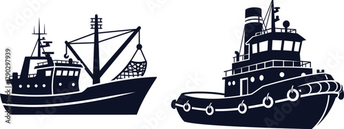 Fishing trawler and tugboat vector illustration on white background Keywords: fishing trawler, tugboat, boat, ship, vessel