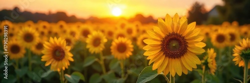 Close-up of a vibrant sunflower field at sunset, each bloom glistening with dew, creating a sparkling effect The golden petals shimmer in the soft light , plant, shimmering, serene