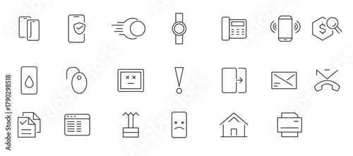  Mobile phone line icon set. Smartphone, global calls, online support, mobile phone, calculate report, chat message and app outline icon collection. 