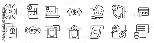 Payments line icon set. money, receipt, invoice, document, atm, cash, coins, credit card, wallet, savings, finance, growth, investments line icon set. 