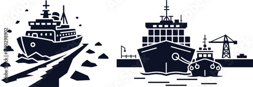 Icebreaker Ship Navigating Through Frozen Water and Cargo Ship with Crane Keywords: icebreaker, ship, frozen water, ice, cargo ship
