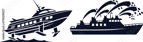 Hydrofoil Boat and Fireboat Icons on White Background ship watercraft