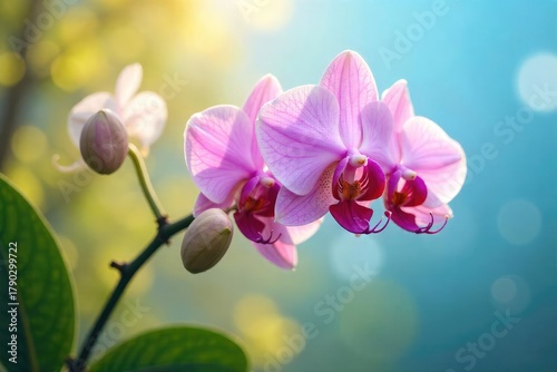 Delicate orchids swaying gently in a summer breeze, their petals dancing in the wind A peaceful scene of nature's beauty and resilience , botanical, breeze