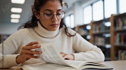 Focused Young Woman with Glasses Immersed in a Book While Studying in a Quiet Library