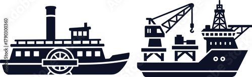 Paddle Steamboat and Offshore Crane Ship Silhouette Comparison paddle wheel vintage