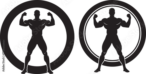 Two muscular men posing inside oval frames silhouette