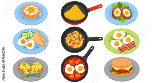 A set of nine colorful vector illustrations featuring various egg-based breakfast dishes like omelettes, eggs benedict, and shakshuka, shown on plates and in pans