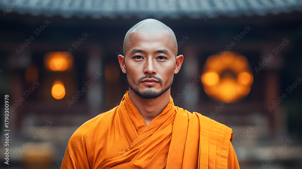 Fototapeta premium Close-Up Portrait of a Tibetan Bald Monk in an Orange Robe on a Soft Blurred Background