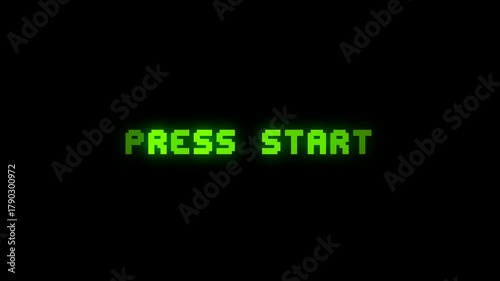 Looping “Press Start” pixel animation with glowing green style. Perfect for retro arcade videos, game interfaces, or motion design templates.
