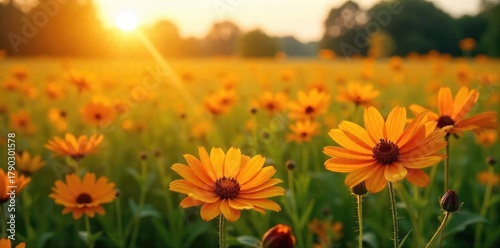 Golden hour sunlight bathes a vast field of wildflowers, swaying gently in the warm summer breeze A perfect scene of rural tranquility and natural beauty , organic, blue, vibrant