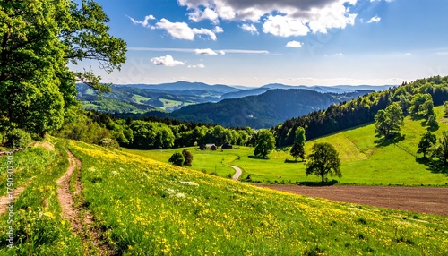 Fototapeta Naklejka Na Ścianę i Meble -  Verdant hills meet distant blue peaks under a partly cloudy sky. A winding dirt path leads through a field of wildflowers