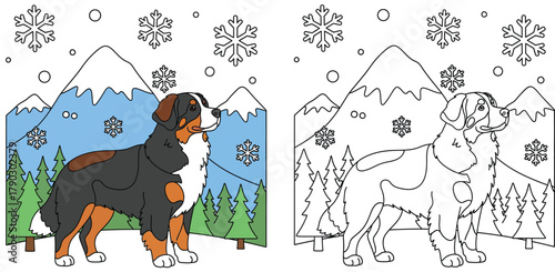 Cute Bernese Mountain Dog Winter Landscape Coloring Page