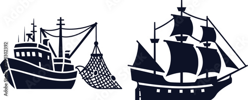 Silhouette icons of a fishing trawler and a sailing ship on a white background Keywords: fishing trawler, fishing boat, trawler