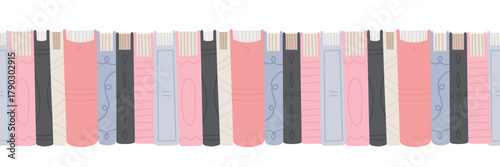 Row of books. Cute books collection. Book spines. Illustration in flat style. Stack of books. Book covers. Vector seamless border isolated on white background.