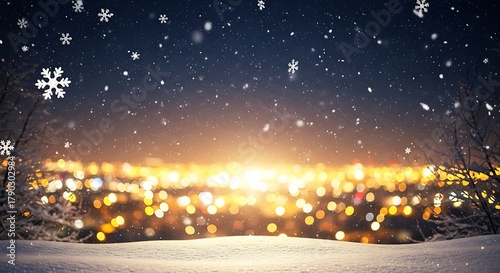 Winter Wonderland - Snowy Landscape with City Lights and Snowflakes.