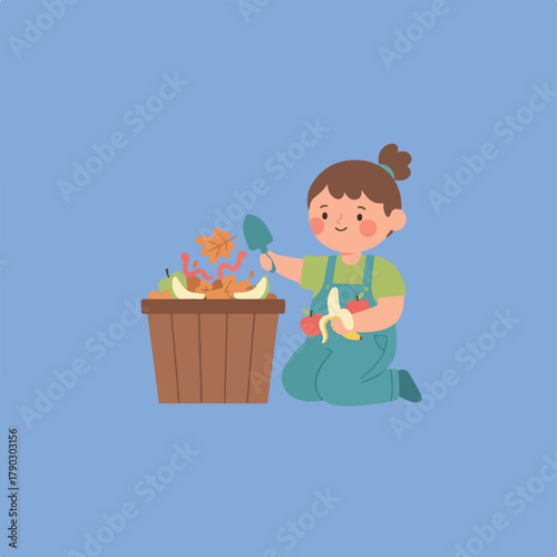 A charming illustration shows a kneeling girl with a shovel, composting food scraps, including bananas, apples, and leaves, in a brown container.