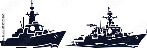 Silhouette Icons of Two Military Warships on White Background military ship navy ship