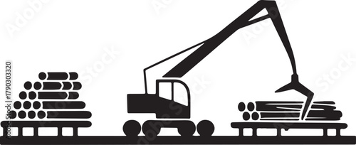 Silhouette timber crane for loading of log wood material in storage area