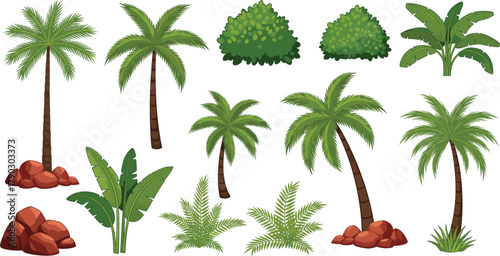 Set of Tropical Palm Tree and Bush Vector Illustration