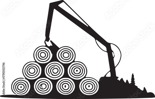 Silhouette of Log Loader Manipulator Lifting Logs at a Woodworking Factory